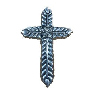Rustic Pewter Hanging Cross Floral Leaf Pattern Silver Religious Metal 11 Inch